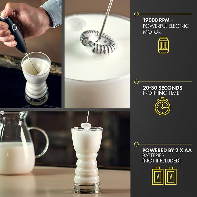 Handheld Milk Frother with Stand - Electric Drink Mixer for Coffee Latte Cappuccino Matcha Tea - Battery Operated Stainless Steel Whisk Wand - Mini Foamer for Protein Shakes Hot Chocolate (Black)