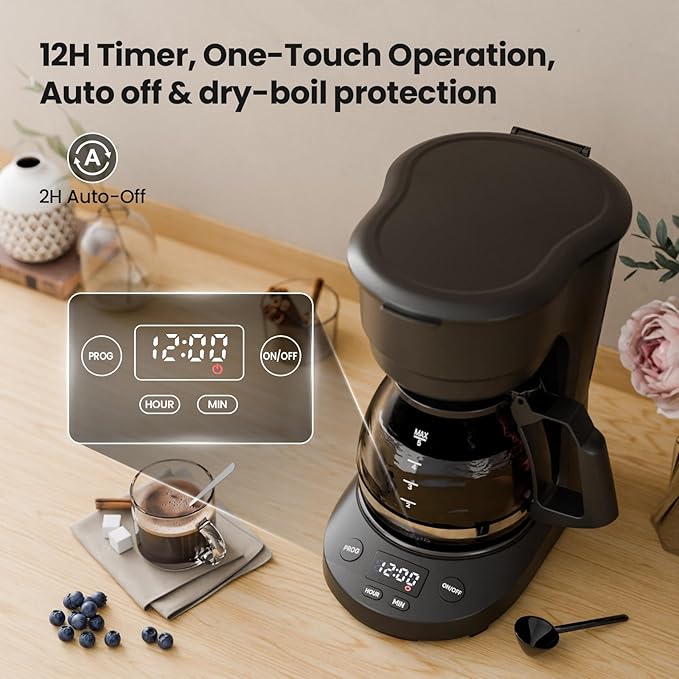 Kismile 5-Cup Drip Coffee Machine with LED Display, Small Coffee Maker with Anti-Drip, Timer, Auto Shut-Off, Dry-Boil Protection, Removable Funnel, Compact, Ideal for Home & Office (Black)