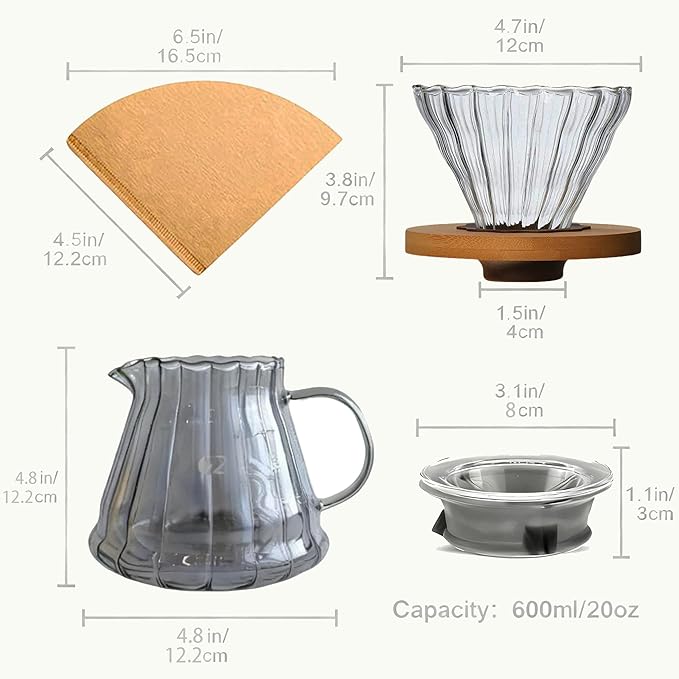 Pour Over Coffee Maker Set with Glass Carafe, Iron Stand, Bamboo Base, 20 oz Capacity, V02 Filter Papers(100 Count), Manual Drip Brewing System