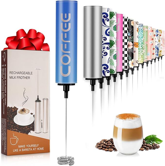 Milk Frother Handheld Rechargeable - 2-Speed Electric Whisk with 5 Detachable Heads (Frother/Mixer/Whisk) for Coffee, Latte, Cappuccino & Matcha, Drink Mixer (Flower 11)