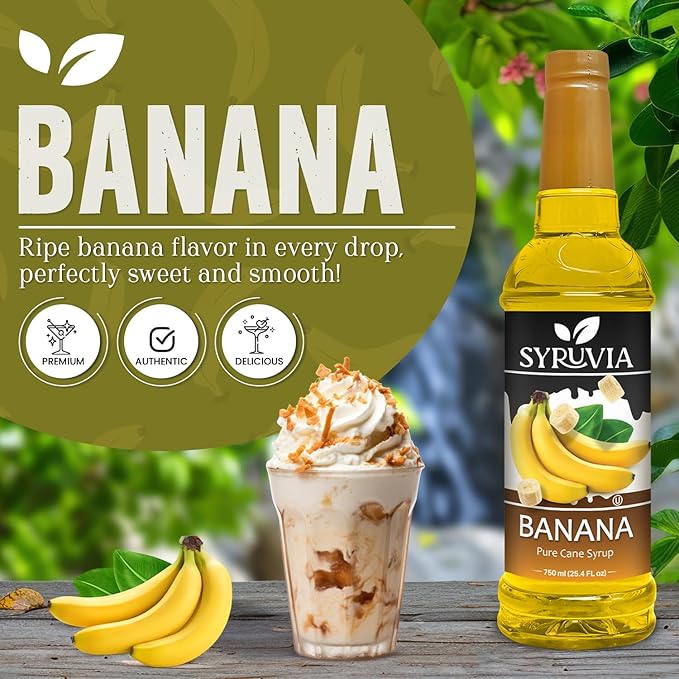 Syruvia Banana Premium Coffee Flavoring Syrup - 25.4 fl oz - Kosher Syrups, Gluten Free, No Coloring, Perfect for Drinks, Soda, Shakes, Cocktails, Desserts, and More With Pump
