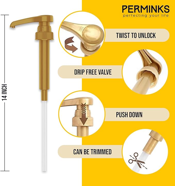 PERMINKS Premium Syrup Pump Compatible with Torani 750 ml Bottle, Davinci Syrups - No Spill, No Clog Syrup Pump Dispenser for Vanilla, Snow Cone, Blueberry, Coffee Flavoring & More (Pack of 4, Gold)