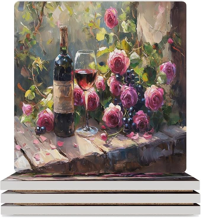 4PCS Red Wine Drink Coasters, Square Modern Ceramic Absorbent Coasters, Oil Painting Style Vintage Red Wine Flower Grapes Rose Floral Decor Desk Coffee Table Coaster for Beverage Cup Tea Coasters