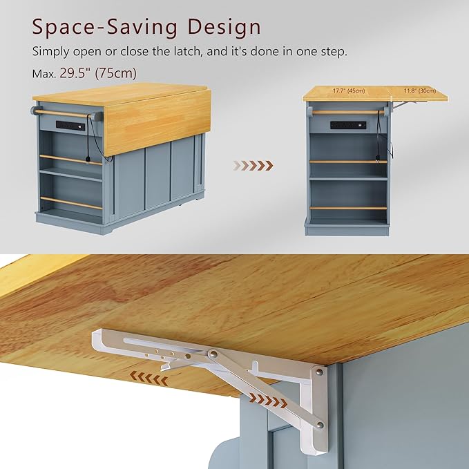 Rolling Kitchen Island with Drop Leaf & Power Outlet, Large Kitchen Islands Cart on Wheels, Movable Kitchen Island with 5 Open Storage Shelves & Towel Rack for Kitchen, Dining Room, 53-Inch, Grey Blue