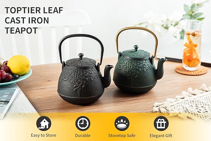 TOPTIER Japanese Cast Iron Tea Kettle with Infuser, Leaf Design Teapot Stovetop Safe Coated with Enameled Interior for 32 Ounce (950 ml), Dark Green