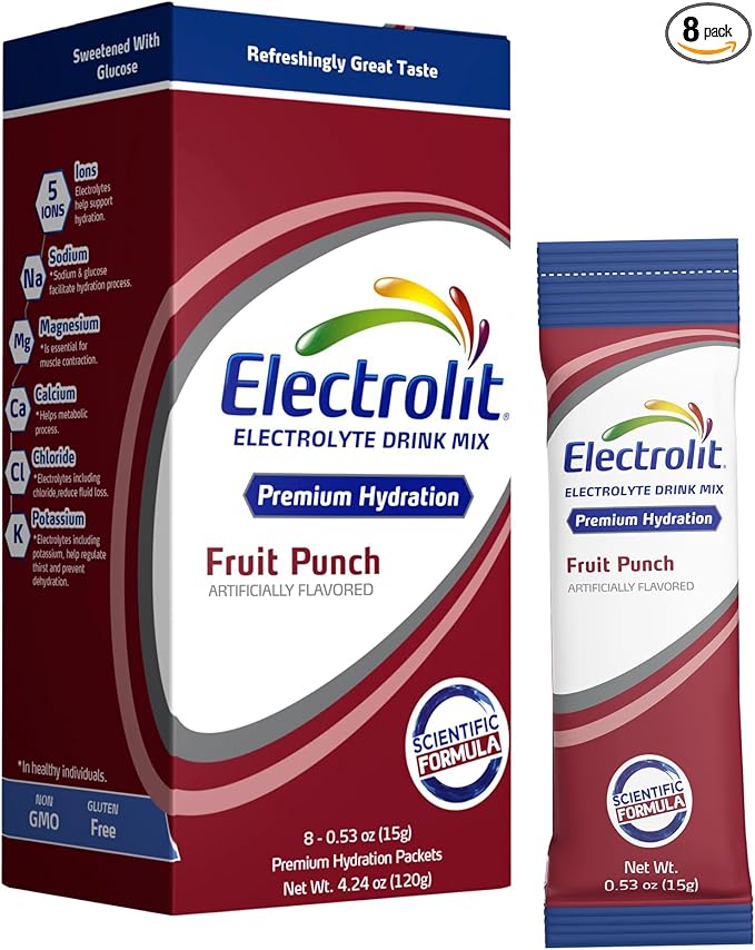 Electrolit Electrolytes Powder Packets, Fruit Punch 8 Pack, Powdered Hydration Packets for Dehydration & Rehydration, Post Workout Flavored Hydrating Drink Mix, Gluten Free Daily Water Enhancer Sticks