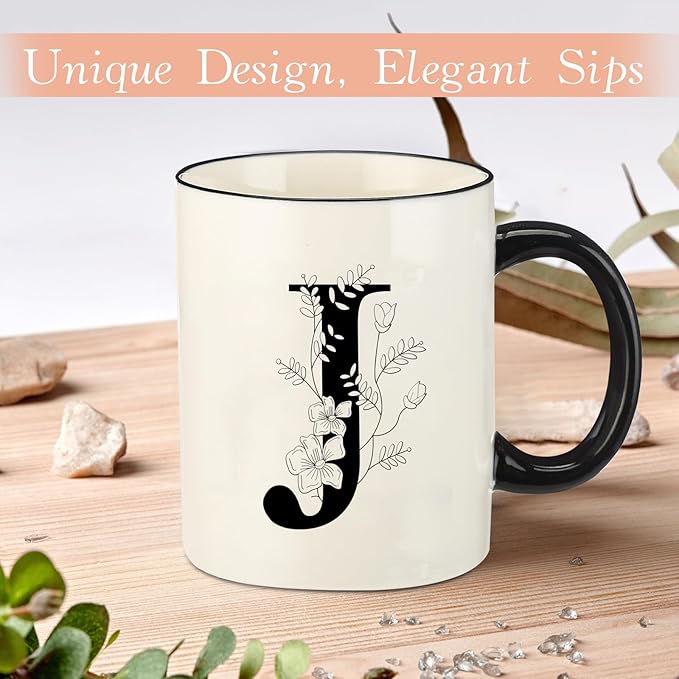 Monogram Ceramic Coffee Mugs, 11 oz Initial Drinking Cup with Gift Box, Unique Birthday Christmas Gifts for Women Wife Mothers Day Grandma Mom Aunt, J