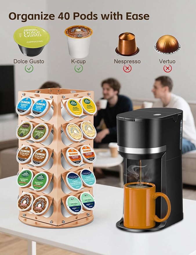 K Cup Holder, Coffee Pod Holder for Keurig – 360° Rotating Aluminum Coffee Organizer for Countertop,Saving Design with Anti-Slip Base for Kitchen or Office,Capacity of 40 Pods,Gold