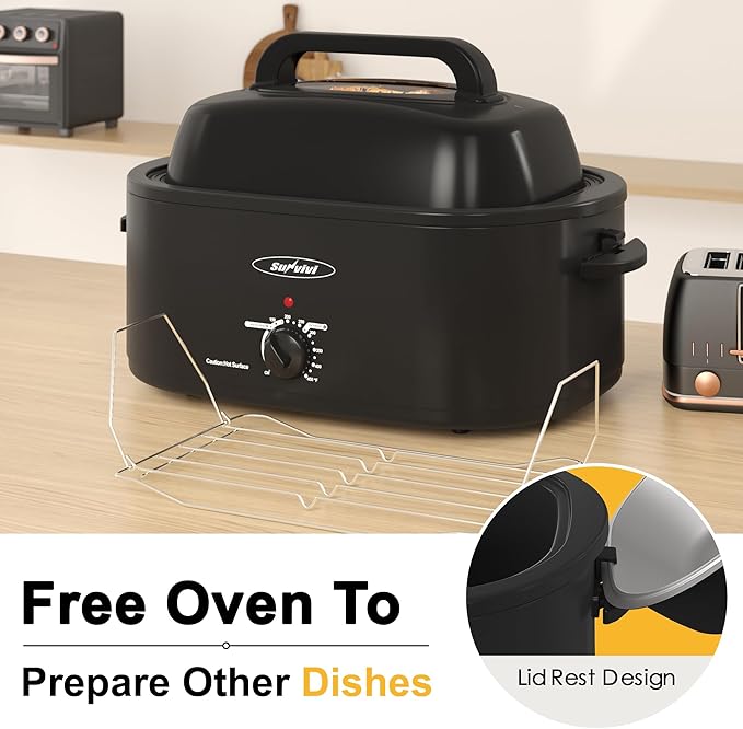 Sunvivi Electric Roaster,18 Quart Roasting Oven with Self-Basting Lid Removable Pan,Turkey Roaster Oven with 150 to 450F Temperature Control Cool-Touch Handles,Black