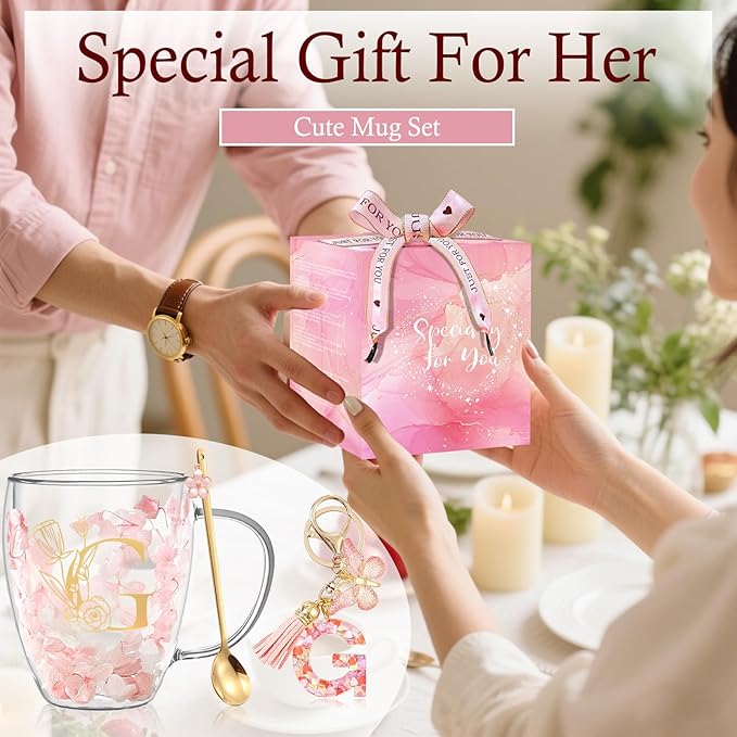 Personalized Gift for Women Flower Glass Coffee Mug Initial Tea cup Monogrammed Customized Bridesmaid Bride Wedding Gifts Graduation Gifts Valentine Mother's Day Birthday Christmas Gift (G)