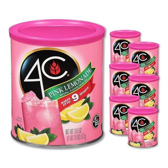 4C Powdered Drink Mix Canisters, Family Sized Bin, Thirst Quenching Flavors, 9 Quarts (Pink Lemonade, Pack of 6)