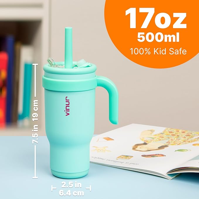 VINUR Kids Insulated Tumbler with Handle 17 oz Stainless Steel Double Wall Vacuum Water Tumbler Cup with Lid and Straw, Gifts for Girls (Teal)