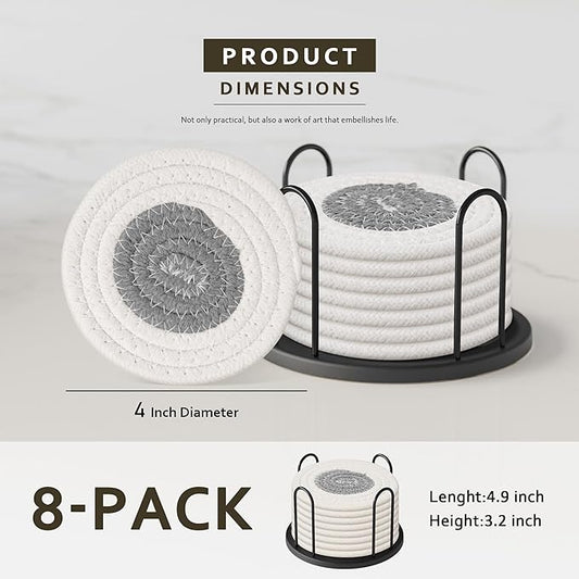 Coasters Set of 8 for Drinks, Beer, Coffee, Cotton Woven Absorbent Coaster with Holder, Boho Coasters for Home Decor Tabletop Protection Suitable for Kinds of Cups, White & Grey