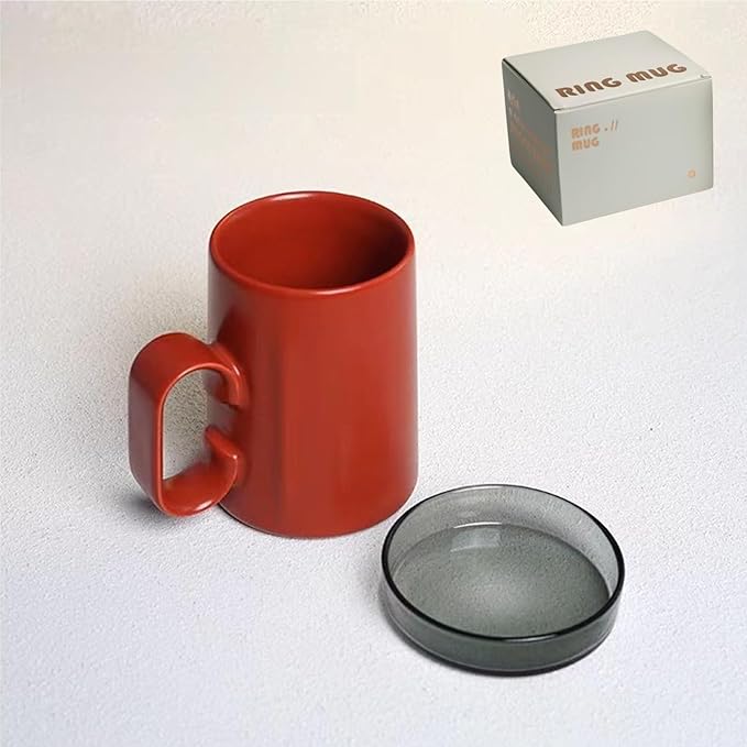 EurtAuro Designer's original handmade ceramic coffee mugs，Ceramics tea cup for office and home，Birthday, Valentine's gifts for men and women，mugs with lid，14.2oz (Cherry red)