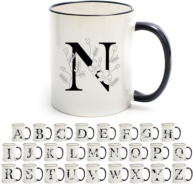 Monogram Ceramic Coffee Mugs, 11 oz Initial Drinking Cup with Gift Box, Unique Birthday Christmas Gifts for Women Wife Mothers Day Grandma Mom Aunt, N