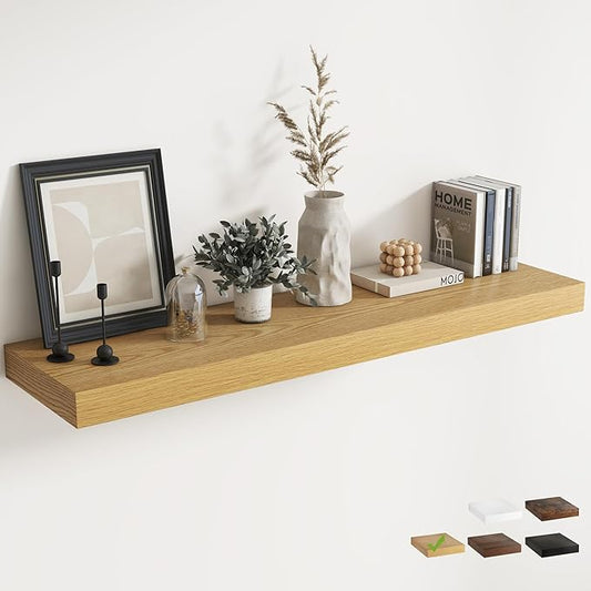 Marsmiles 12" Deep Floating Shelves for Wall with Invisible Brackets, Wall Mounted Engineered Wood Shelves with Wood Grain for Living Room, Bedroom, Kitchen Decor and Storage, 55" L Set of 1, Oak