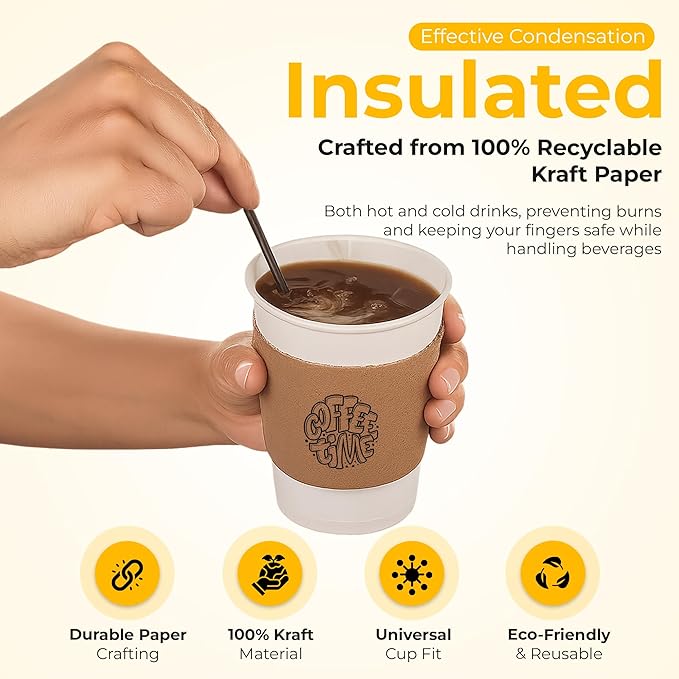 Customizable 25 Pcs Insulated Coffee Sleeves for 10-20oz Cups | Eco-Friendly, Reusable, Stylish Kraft Paper Design, Perfect for Hot & Cold Drinks, Coffee Shops, Parties & Events