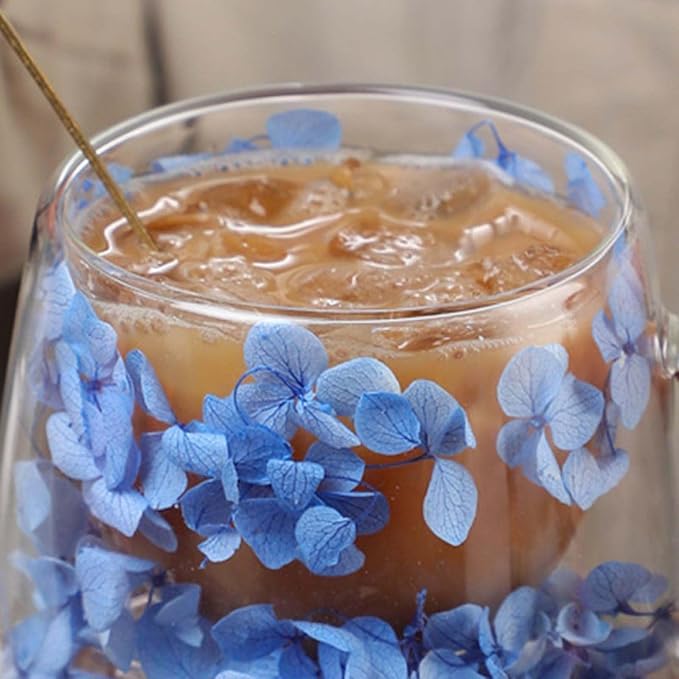 Generic Double Wall Insulated Glass Cup,Dried Flower Mug with Handle,Creative Transparent Coffee Cups,Gift for Women Mom Female (Blue)