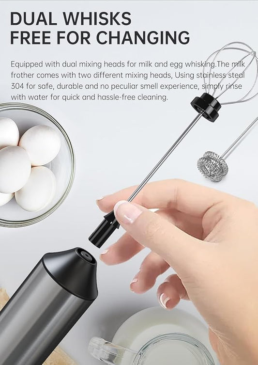 Handheld Milk Frother Wand Rechargeable with Stand - Stainless Steel Double Whisk Milk Frother Handheld -Coffee Stirrers Electric Drink Mixer - Coffee Frother