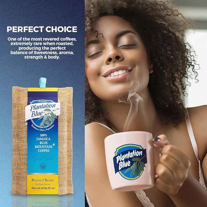 Plantation Blue 100% Blue Mountain Coffee from Jamaica, Medium Roasted Whole Beans (12oz)