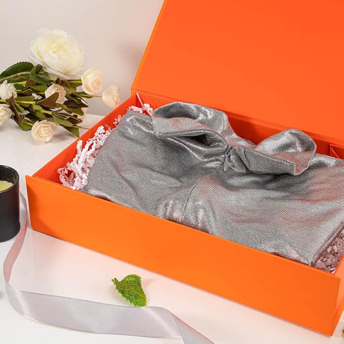 Orange Gift Box with Lid 12x8x2.5 Inches, Shirt Gift Box for Wrapping, Magnetic Gift Box Bulk for Present （Orange Peel Grain;1Pcs）
