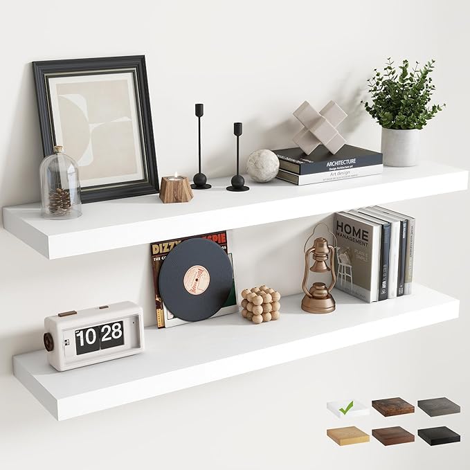 Floating Shelves for Wall with Invisible Brackets, Wall Mounted Engineered Wood Shelves with Wood Grain for Living Room, Bedroom, Bathroom, Kitchen Decor and Storage, Oak, 48"L Set of 2, White