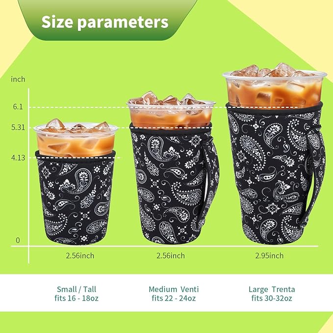 3 Pack Iced Coffee sleeve Insulated Neoprene Cup Sleeves with handle For Cold Drinks Beverages, Reusable Cup Holder for 16oz-32oz Coffee Cups (Black Paisley)