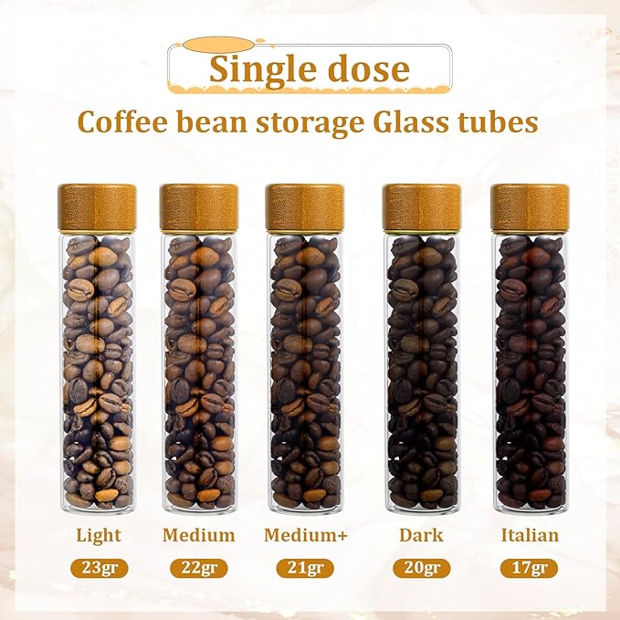 12 Pack Single Dose Coffee Bean Storage Tubes with Wooden Stand, Coffee Bean Cellar Container with Walnut Solid Wood Base, Espresso Beans Canisters Set (2 OZ)