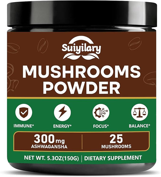 25 in 1 Mushroom Powder, Mushroom Coffee Alternative with Ashwagandha, Lion’s Mane, Chaga & More, Keto Friendly, Sugar Free, Mushrooms Extract Supplement for Immune, Focus & Energy, 60 Servings