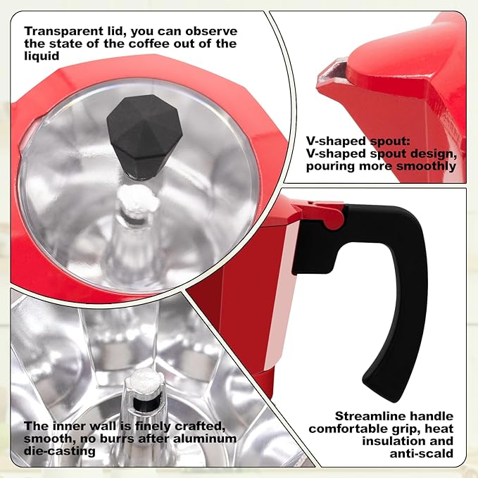 Vaolvpant Electric Aluminum Moka Pot 5-6 Cup 270ml Espresso Maker with Detachable Base Ideal Coffee Makers for Home MochaPot Italian and Cuban Café Coffeemaker Espressomaker CoffeePot Red