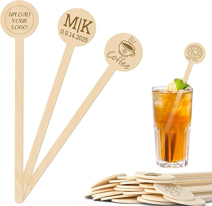 Custom Wooden Drink Stirrers,50-500 Pieces 6.3" Personalized Swizzle Sticks for Cocktails,Coffee,Beverage Mixer,Reusable Stir Sticks for Bar,Restaurant,Wedding Party Favor,Christmas,Holiday (Round,M)