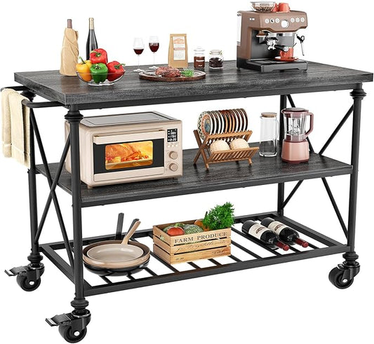 Homieasy Kitchen Island Cart with Wheels, 3-Tier Wood and Metal Rolling Kitchen Island Table with Pipe Legs, Storage Shelves & Lockable Casters for Kitchen Dining Room, Black Oak