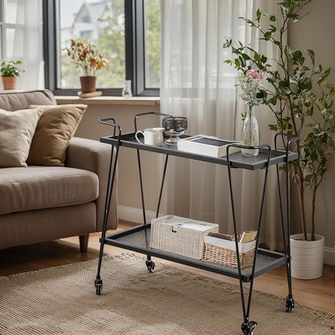 2-Tier Mobile Serving Cart-Industrial Metal Bar Cart on Hassle Casters- Minimalist Rolling Plant Display Stand-Modern Coffee Liquor Storage Cart for Office-28.3 * 14.6 * 27.6inch(L*W*H)