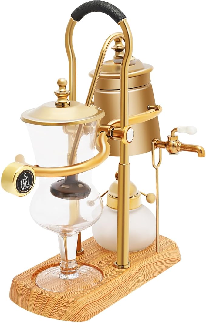 Balance Siphon Coffee Maker, 13.53OZ Manual Vintage Coffee Brewer, Belgian Family Balance Siphon Coffee Maker with Wooden Base for Home, Kitchen, Coffee Shops (Gold)