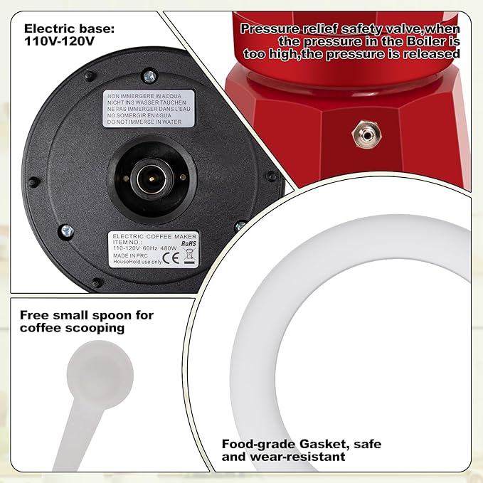 Vaolvpant Electric Aluminum Moka Pot 5-6 Cup 270ml Espresso Maker with Detachable Base Ideal Coffee Makers for Home MochaPot Italian and Cuban Café Coffeemaker Espressomaker CoffeePot Red