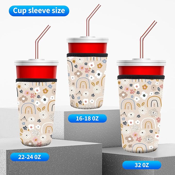 3 Pack Reusable Neoprene Insulator Sleeve for Iced Coffee Cups, Funny Coffee Cup Sleeves for 16-32oz Coffee cups, Cute Drink Sleeve for Cold Hot Beverages Boho Rainbow