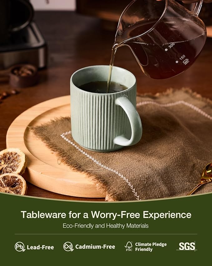 famiware Coffee Mug Set for 8, Star 12 oz Catering Mugs Cup Set with Handle for Coffee, Tea, Cocoa, Milk - Ceramic Stoneware Drinkware Set, Matte Green
