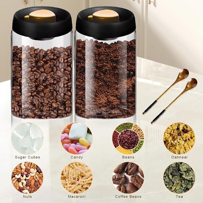2PCS Vacuum Coffee Canisters with Airtight Lids and Wooden Spoons for Coffee, Borosilicate Glass Mason Jars Vacuum Sealer Kit, Grounds Coffee Bar Accessories for Tea, Beans, Spices, Sugar, 1200ml
