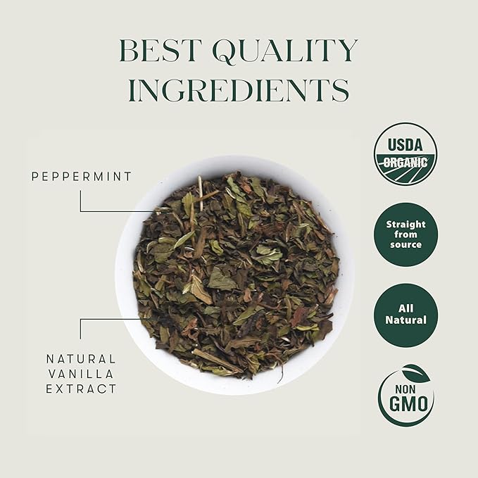 Luxmi Estates Vanilla Peppermint Organic Peppermint Tea (50 Tea Bags) Caffeine Free Tea Bags For Relaxing, Calming, and Stress Relief, With Certified Organic Herbal Tea