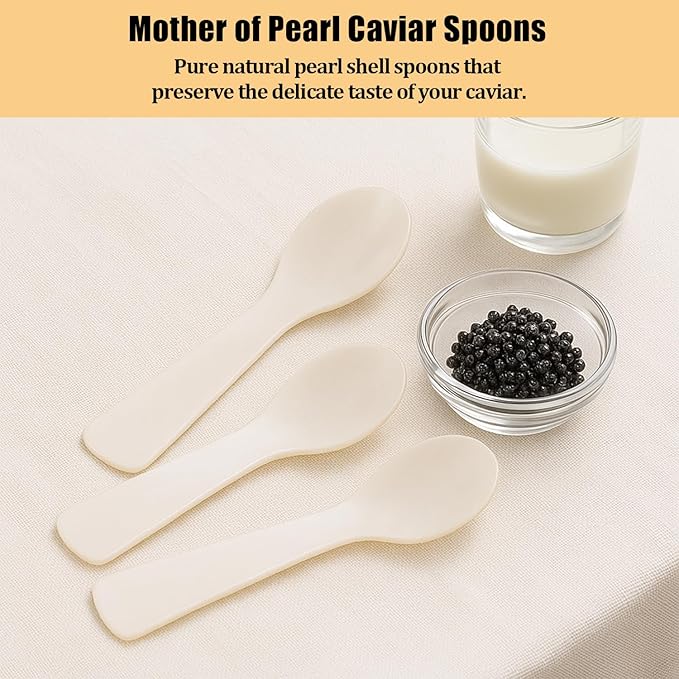 Caviar Spoons, Mother of Pearl Caviar Spoon Set of 3 with Hand Craft W Round Handle for Egg, Ice Cream, Coffee, Restaurant Serving (3.5'')