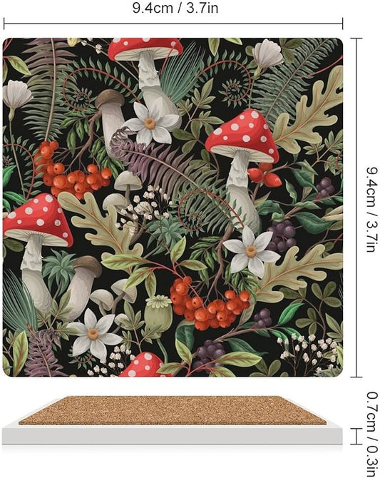 Botanical Drink Coasters, Square Ceramic Drink Coaster Square-6PCS, Wild Floral Botanical Mushroom Nature Plants Herbs Decor Absorbent Ceramic Coasters for Beverage Cup, Bar, Coffee Table