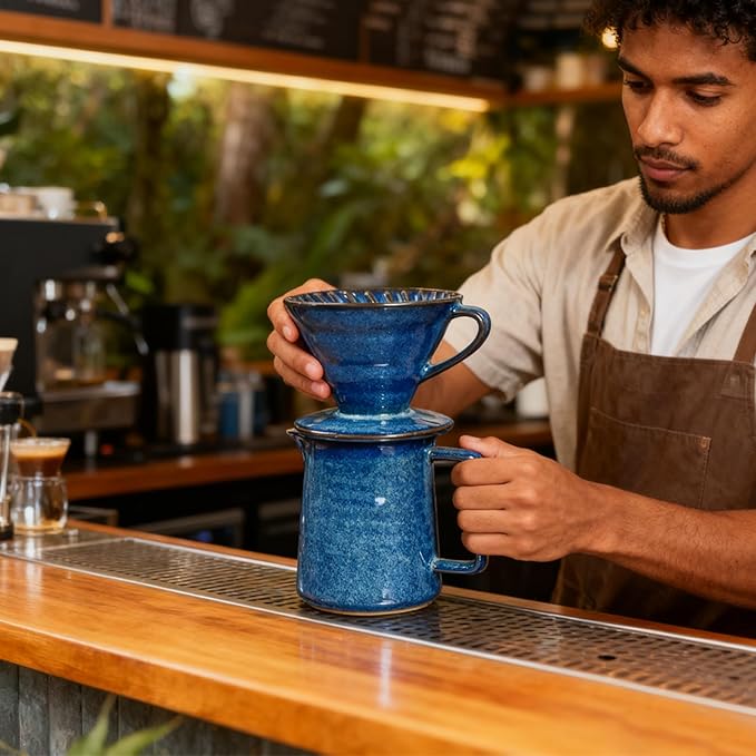 Ceramic Pour Over Coffee Maker Set, Starry Blue Coffee Dripper Cone with 40 Filters, 14 Ounces/400ml Pot