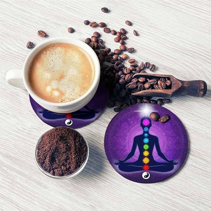 Meditating Woman in Lotus Pose Cup Coasters Set of 2 Aura Glow Spiritual Colorful 9 Chakras Mandala Wooden Table Apartment Decor 100% Diatomite for Drinking Glasses,4 Inches