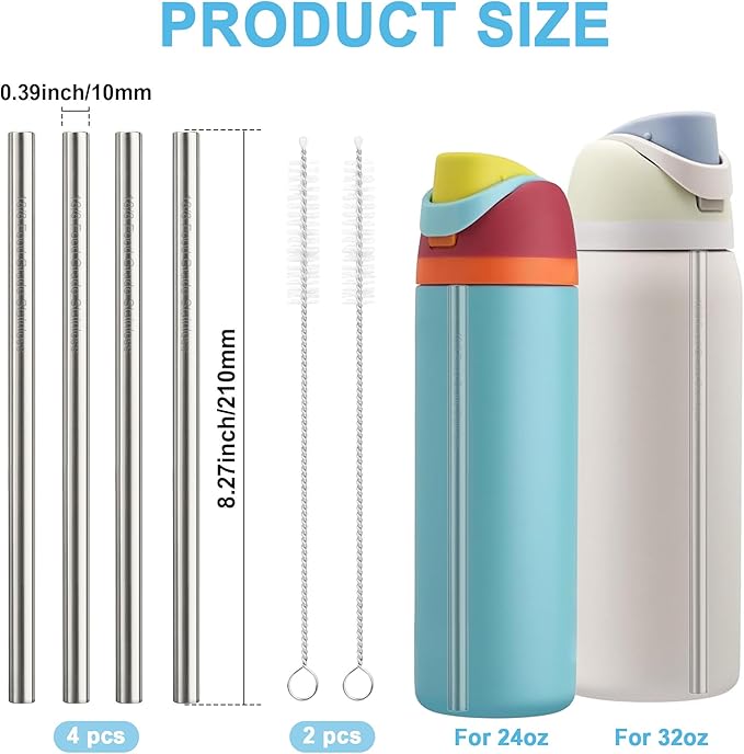 Metal Straw Replacement Set Compatible with Owala 24oz/32oz Freesip Water Bottle, Durable Stainless Steel Replacement Straws with 2 Cleaning Brushes-4Pcs