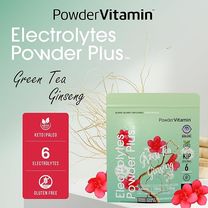 PowderVitamin Electrolytes Powder Plus (20 Servings) Green Tea Ginseng Electrolyte Powder Keto, Sugar Free, Pink Himalayan Salt,1000mg Potassium,120mg Calcium,120mg Magnesium, Hydration Powder