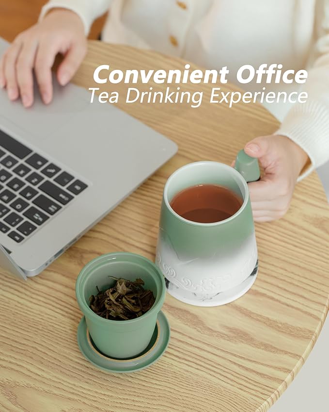 ZENS Tea Cup with Infuser and Lid for Loose Leaf Tea Steeper, 15.2 oz Ceramic Tea Mug with Fine Strainers and Absorb Coaster and Wood for Tea Lovers Gifts