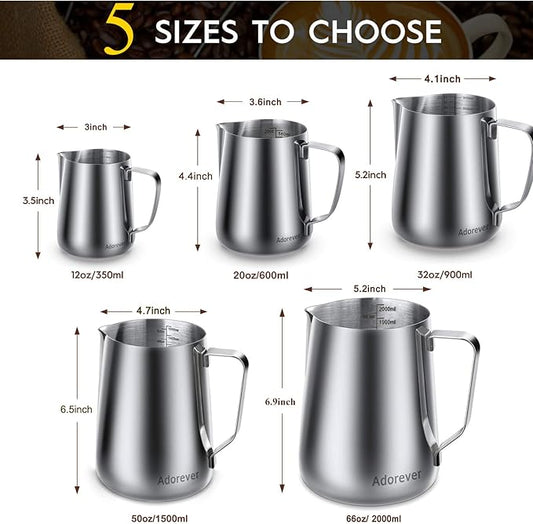 Milk Frothing Pitcher, 32oz Steaming Pitcher Stainless Steel Espresso Machine Accessories for Coffee Bar, Cappuccino Barista Tools Milk Jug Steamer Frother Cup with Decorating Latte Art Pen