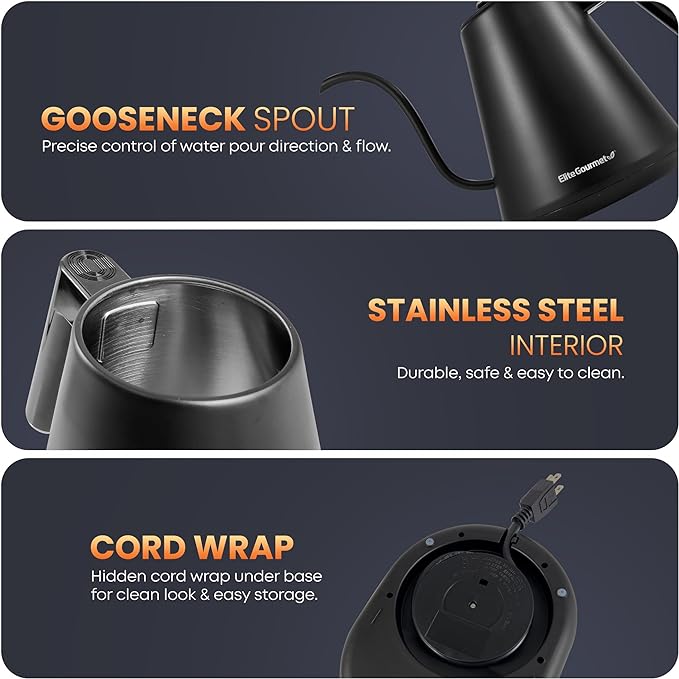 Elite Gourmet EKT3001 1L Digital Water Kettle, 304 Stainless Steel Interior, Programmed Temperatures, Keep Warm Function, Cordless, 360° Base, Auto Off & Audible Indicator, Matte Black