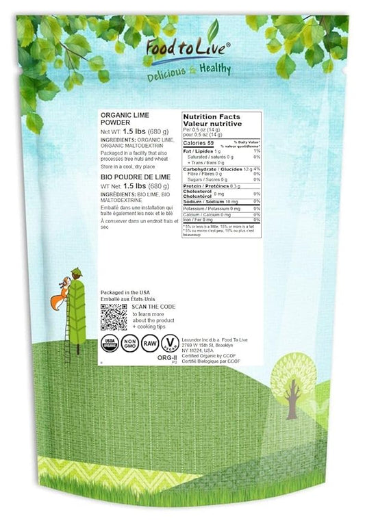 Food to Live Organic Lime Juice Powder, 1.5 Pounds Non-GMO, Unsulfured, Made from Raw Dried Citrus Fruit, Vegan, Bulk, Great for Baking, Juices, Smoothies, Yogurts, Contains Maltodextrin, No Sulphites