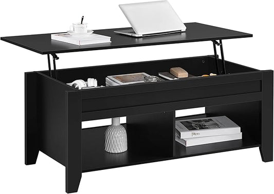 Yaheetech Black Wood Coffee Table Lift Top Coffee Table w/Hidden Storage & 2 Open Shelves for Living Room Reception Room Office, 39.5in L